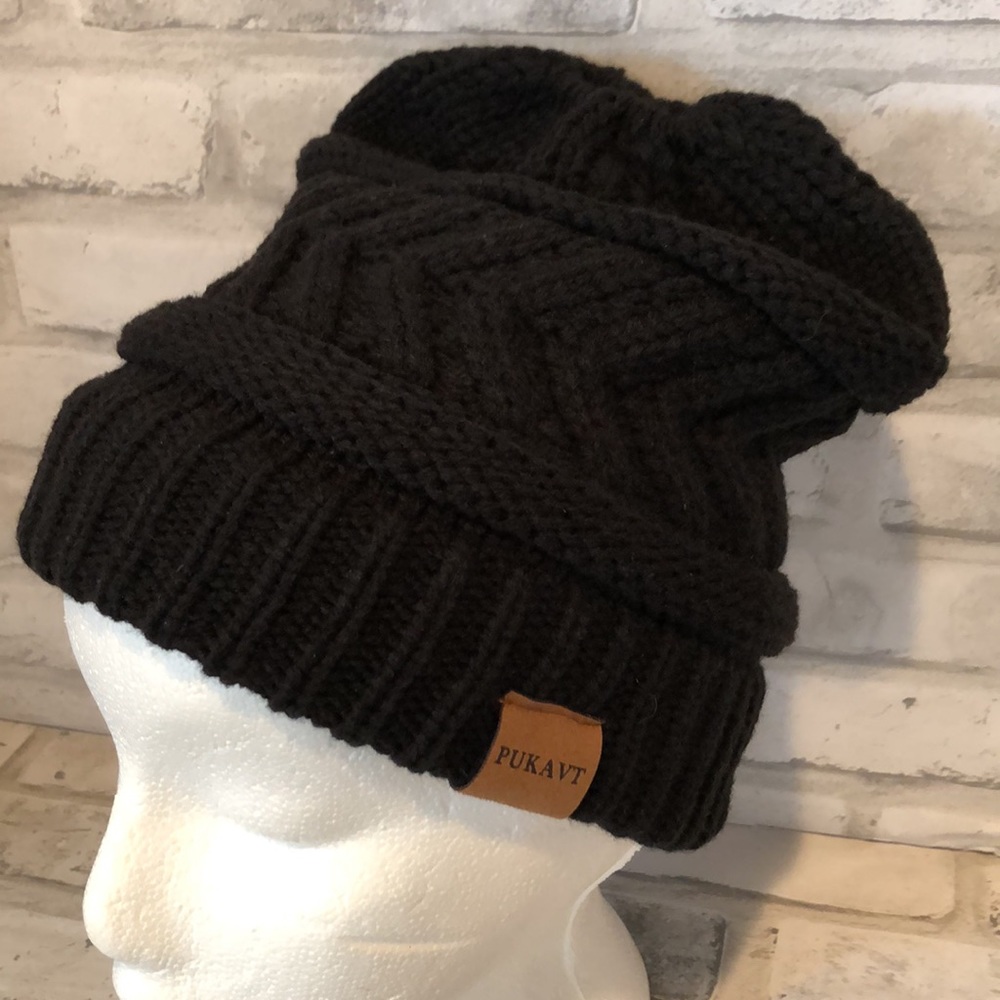 Pukavt black acrylic knit winter hat hole for pony tail at top beanie